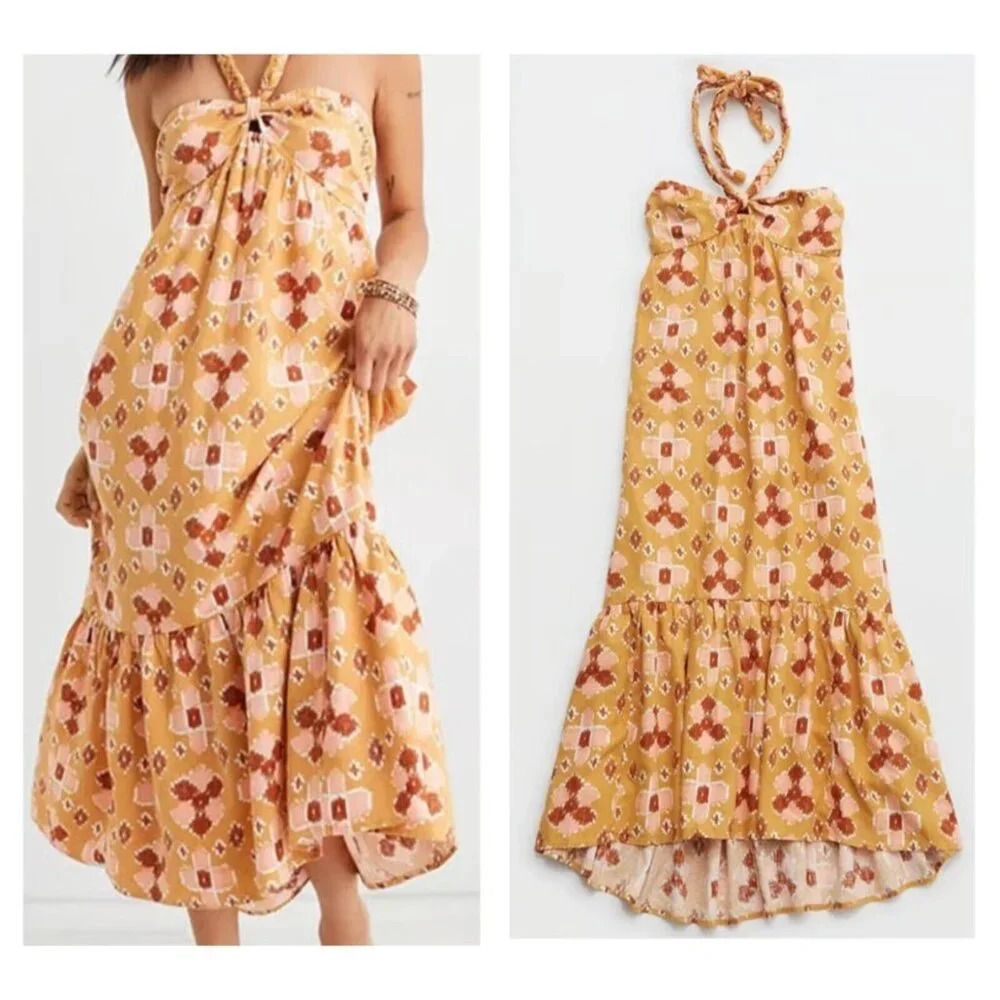 Aerie Southwetsern Summer Boho Maxi Linen Blend Dress L